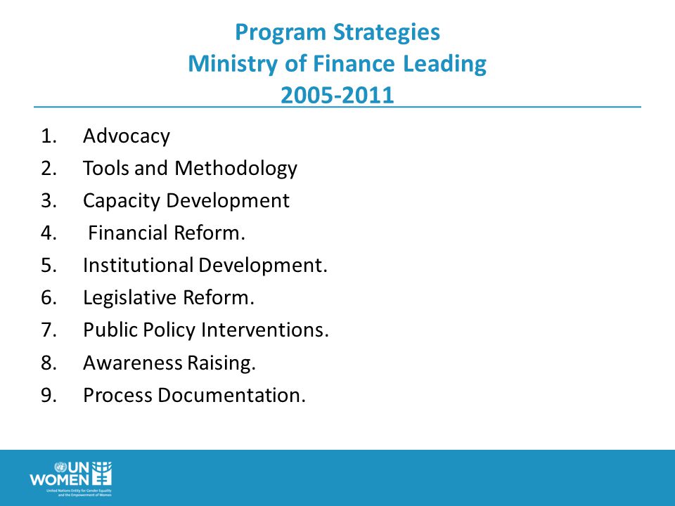 Program Strategies Ministry of Finance Leading Advocacy 2.Tools and Methodology 3.Capacity Development 4.