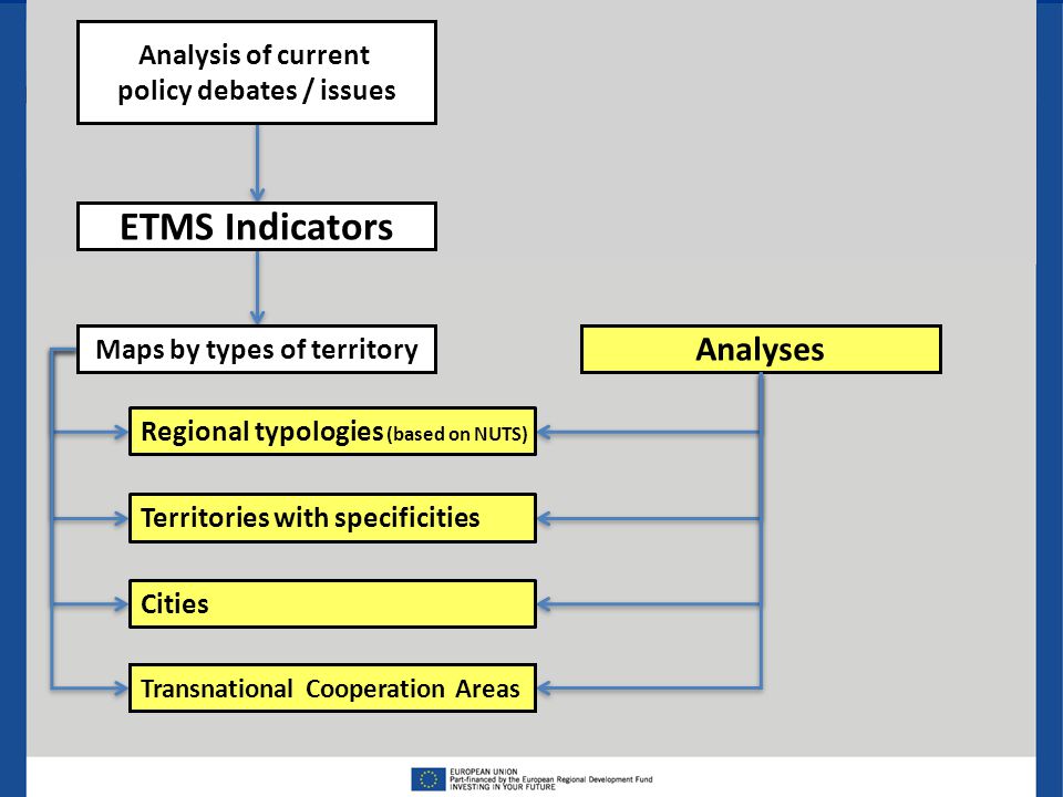 Analysis of current policy debates / issues Analyses Regional typologies (based on NUTS) Territories with specificities Cities Transnational Cooperation Areas ETMS Indicators Maps by types of territory