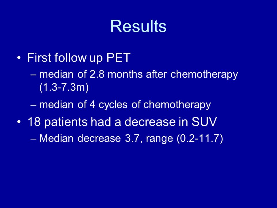 Results First follow up PET –median of 2.8 months after chemotherapy ( m) –median of 4 cycles of chemotherapy 18 patients had a decrease in SUV –Median decrease 3.7, range ( )