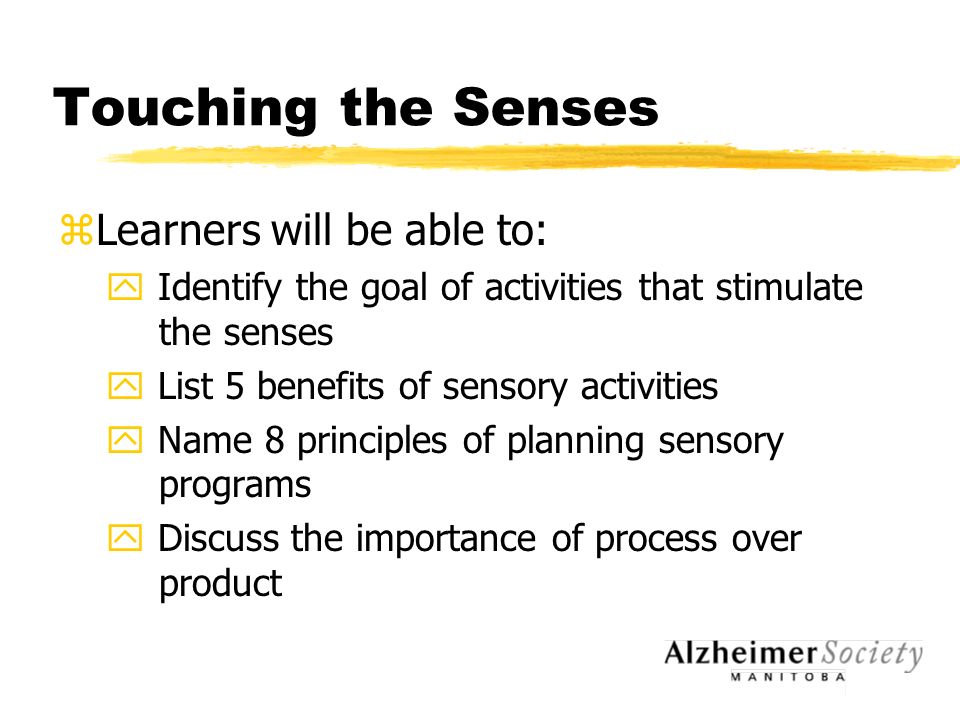 Touching the Senses zLearners will be able to: y Identify the goal of activities that stimulate the senses y List 5 benefits of sensory activities y Name 8 principles of planning sensory programs y Discuss the importance of process over product