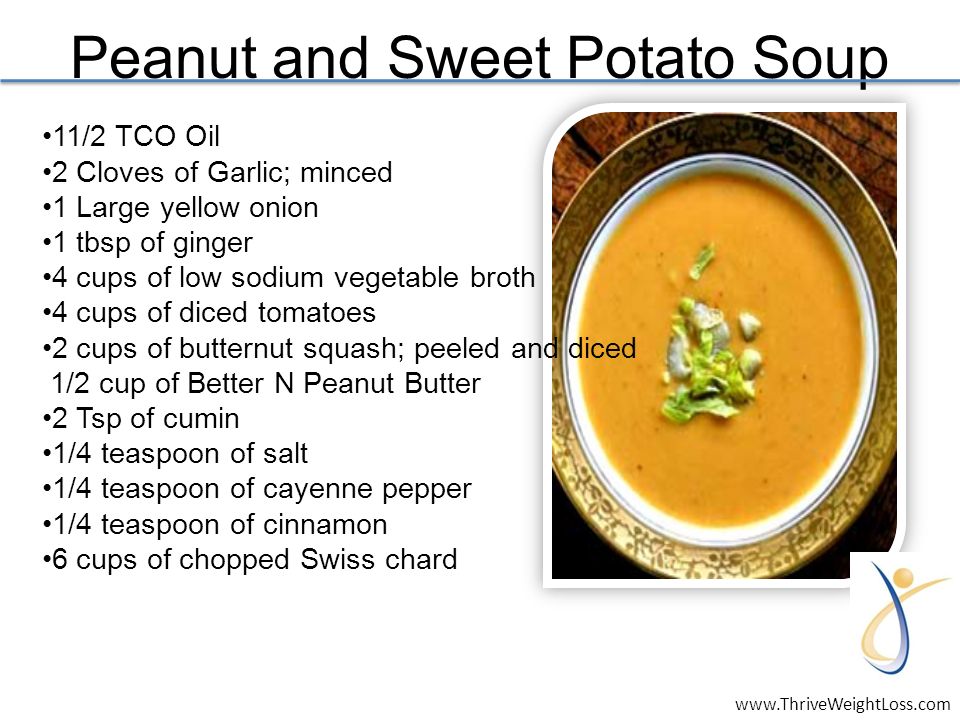 Peanut and Sweet Potato Soup 11/2 TCO Oil 2 Cloves of Garlic; minced 1 Large yellow onion 1 tbsp of ginger 4 cups of low sodium vegetable broth 4 cups of diced tomatoes 2 cups of butternut squash; peeled and diced 1/2 cup of Better N Peanut Butter 2 Tsp of cumin 1/4 teaspoon of salt 1/4 teaspoon of cayenne pepper 1/4 teaspoon of cinnamon 6 cups of chopped Swiss chard