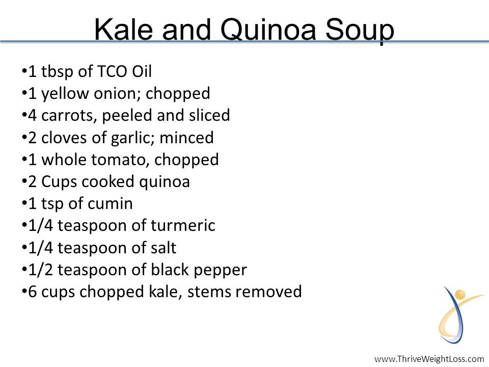 Kale and Quinoa Soup 1 tbsp of TCO Oil 1 yellow onion; chopped 4 carrots, peeled and sliced 2 cloves of garlic; minced 1 whole tomato, chopped 2 Cups cooked quinoa 1 tsp of cumin 1/4 teaspoon of turmeric 1/4 teaspoon of salt 1/2 teaspoon of black pepper 6 cups chopped kale, stems removed