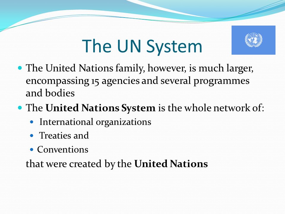 The UN System The United Nations family, however, is much larger, encompassing 15 agencies and several programmes and bodies The United Nations System is the whole network of: International organizations Treaties and Conventions that were created by the United Nations