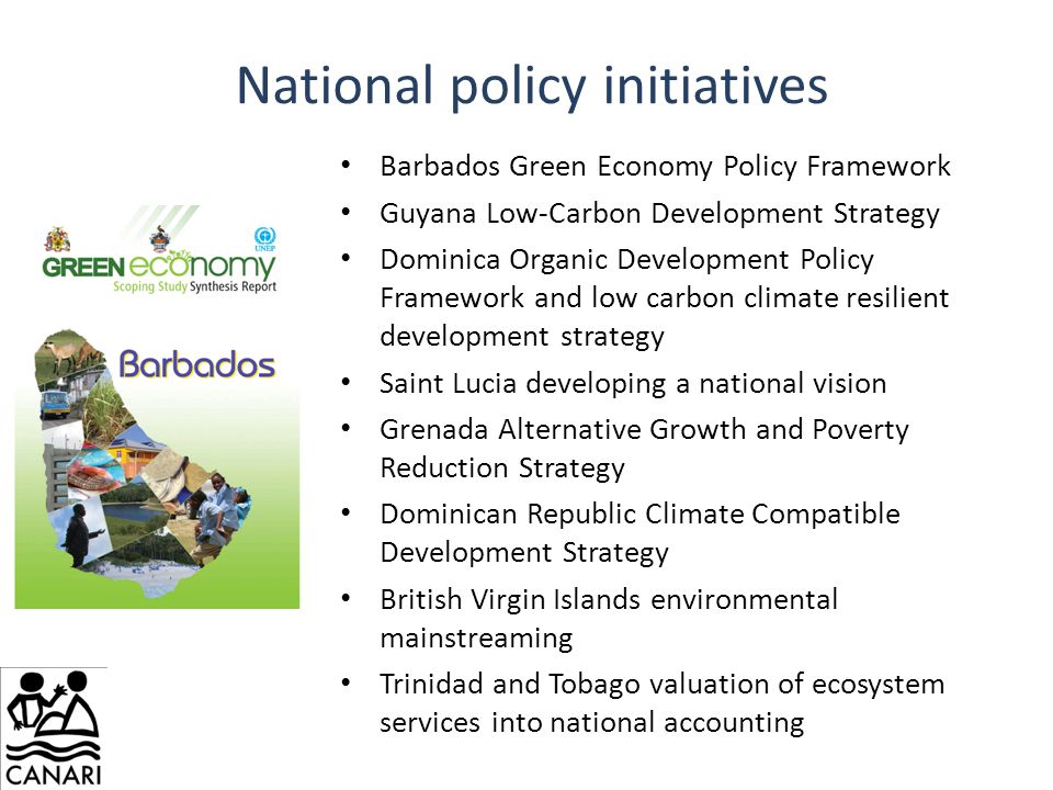 National policy initiatives Barbados Green Economy Policy Framework Guyana Low-Carbon Development Strategy Dominica Organic Development Policy Framework and low carbon climate resilient development strategy Saint Lucia developing a national vision Grenada Alternative Growth and Poverty Reduction Strategy Dominican Republic Climate Compatible Development Strategy British Virgin Islands environmental mainstreaming Trinidad and Tobago valuation of ecosystem services into national accounting