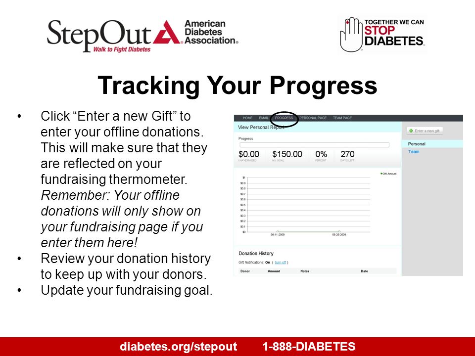 diabetes.org/stepout1-888-DIABETES Tracking Your Progress Click Enter a new Gift to enter your offline donations.