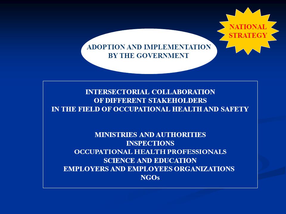 NATIONAL STRATEGY ADOPTION AND IMPLEMENTATION BY THE GOVERNMENT INTERSECTORIAL COLLABORATION OF DIFFERENT STAKEHOLDERS IN THE FIELD OF OCCUPATIONAL HEALTH AND SAFETY MINISTRIES AND AUTHORITIES INSPECTIONS OCCUPATIONAL HEALTH PROFESSIONALS SCIENCE AND EDUCATION EMPLOYERS AND EMPLOYEES ORGANIZATIONS NGOs