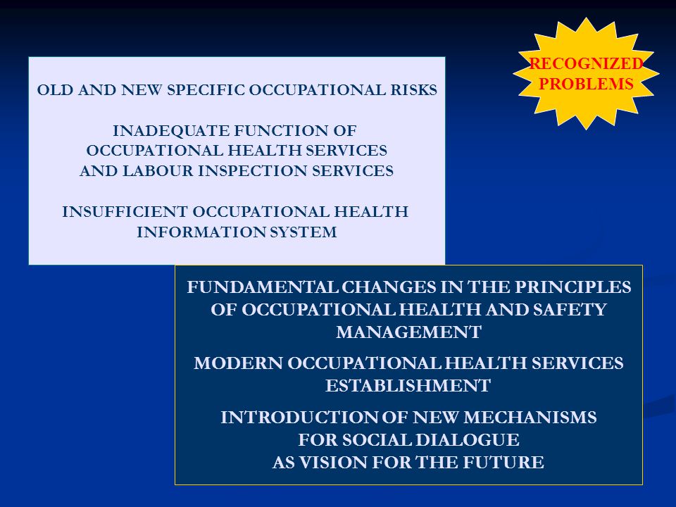 RECOGNIZED PROBLEMS OLD AND NEW SPECIFIC OCCUPATIONAL RISKS INADEQUATE FUNCTION OF OCCUPATIONAL HEALTH SERVICES AND LABOUR INSPECTION SERVICES INSUFFICIENT OCCUPATIONAL HEALTH INFORMATION SYSTEM FUNDAMENTAL CHANGES IN THE PRINCIPLES OF OCCUPATIONAL HEALTH AND SAFETY MANAGEMENT MODERN OCCUPATIONAL HEALTH SERVICES ESTABLISHMENT INTRODUCTION OF NEW MECHANISMS FOR SOCIAL DIALOGUE AS VISION FOR THE FUTURE