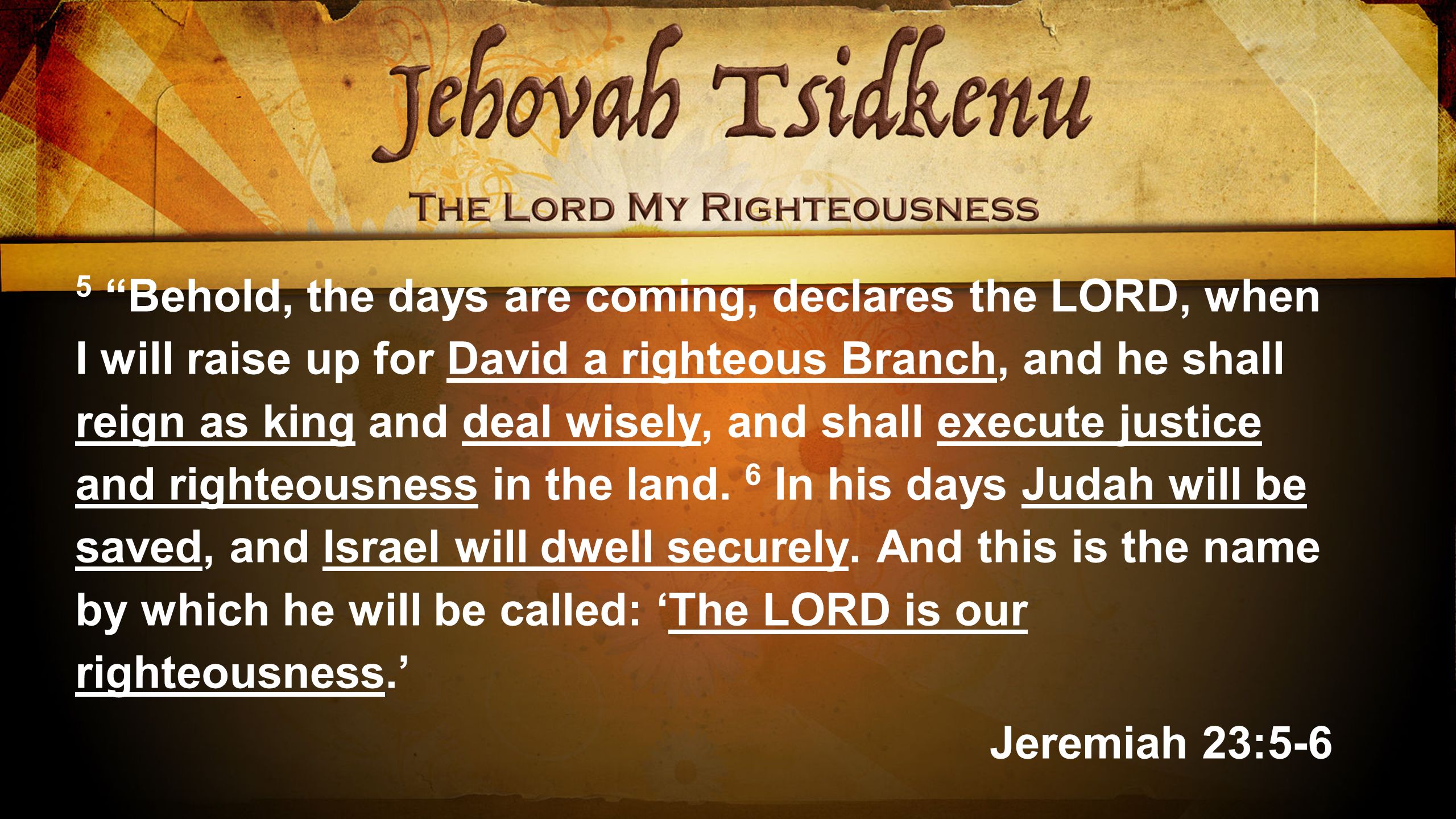 5 Behold, the days are coming, declares the LORD, when I will raise up for David a righteous Branch, and he shall reign as king and deal wisely, and shall execute justice and righteousness in the land.