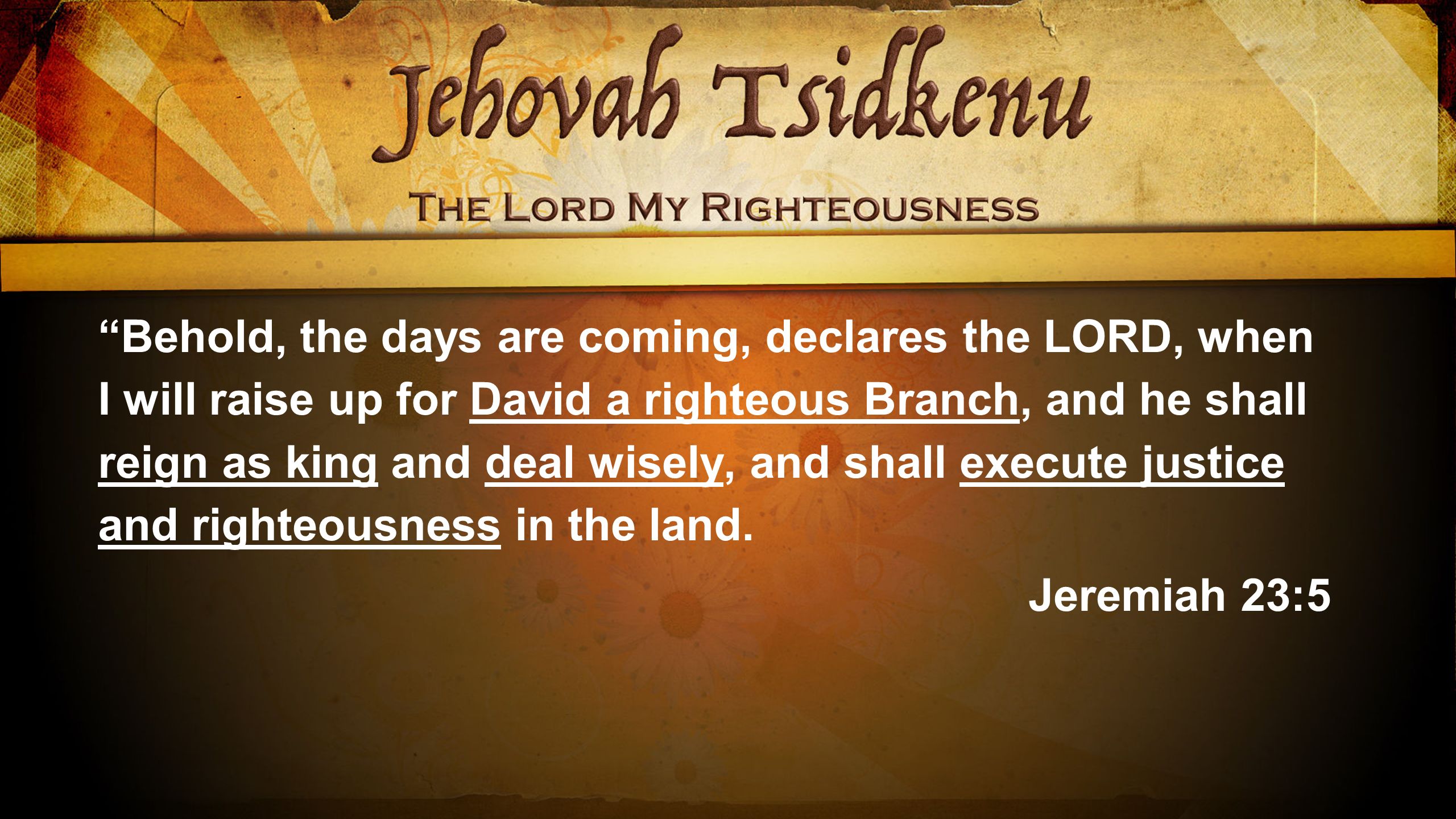 Behold, the days are coming, declares the LORD, when I will raise up for David a righteous Branch, and he shall reign as king and deal wisely, and shall execute justice and righteousness in the land.
