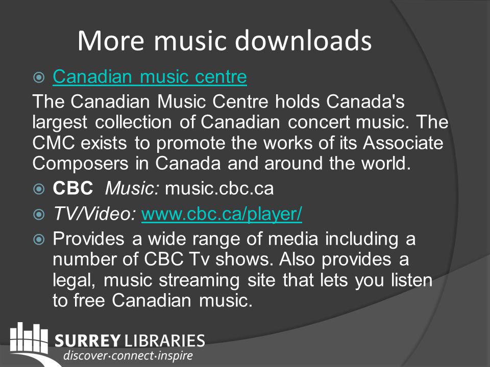 More music downloads  Canadian music centre Canadian music centre The Canadian Music Centre holds Canada s largest collection of Canadian concert music.