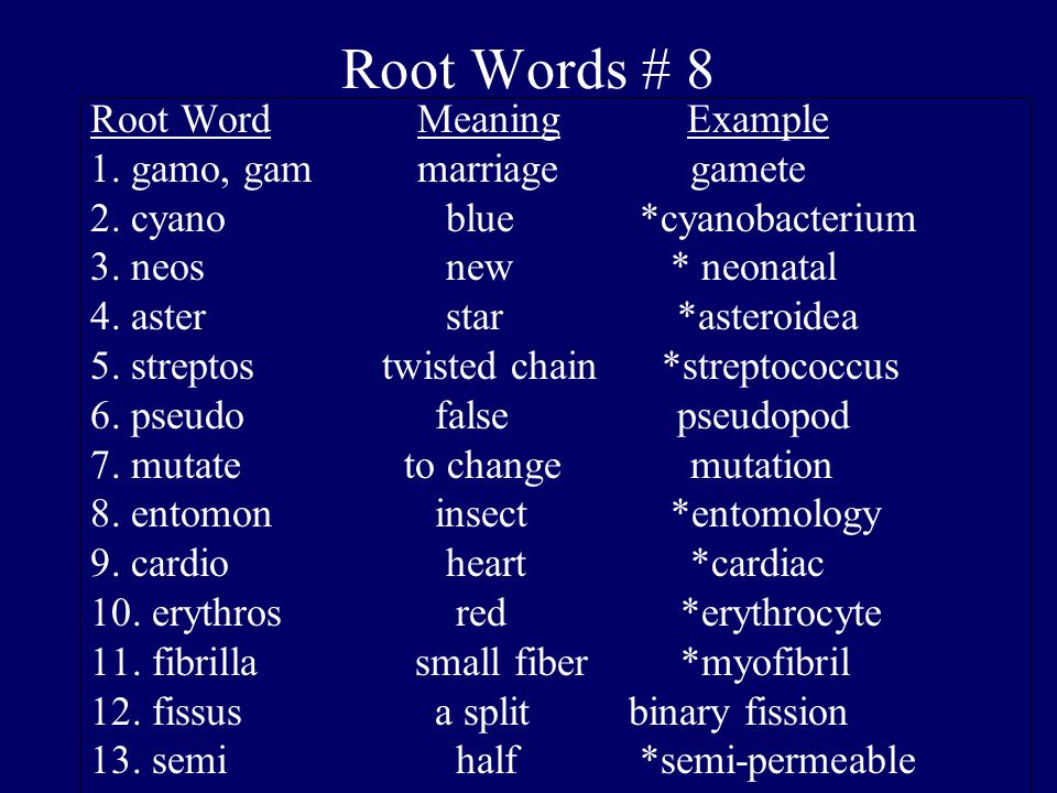 Root Words # 8 Root Word Meaning Example 1. gamo, gam marriage gamete 2.