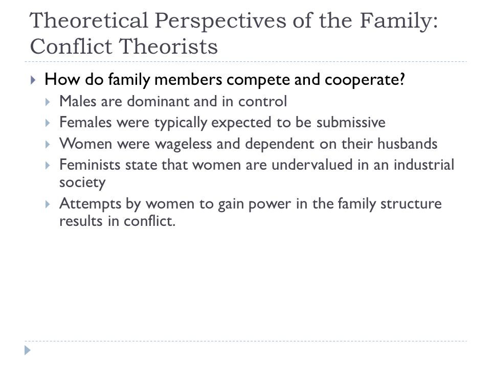 Theoretical Perspectives of the Family: Conflict Theorists  How do family members compete and cooperate.