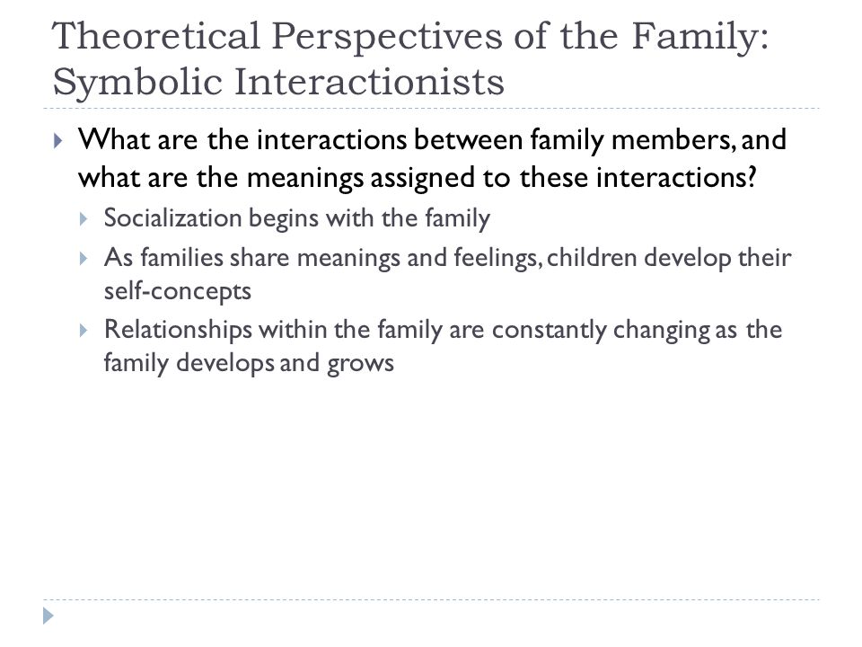 Theoretical Perspectives of the Family: Symbolic Interactionists  What are the interactions between family members, and what are the meanings assigned to these interactions.