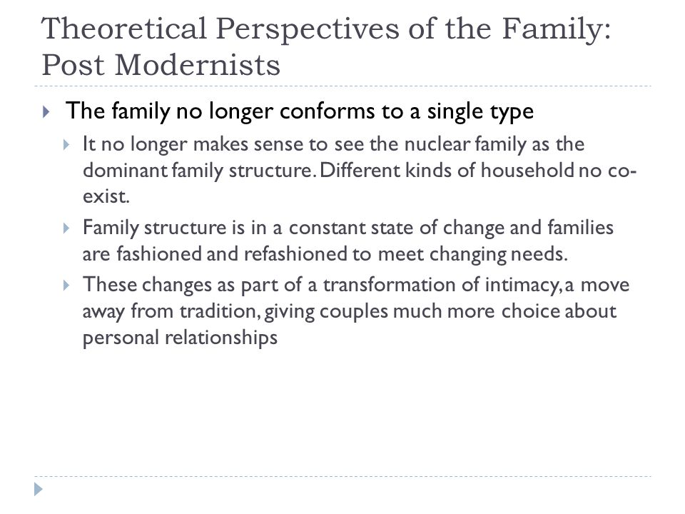 Theoretical Perspectives of the Family: Post Modernists  The family no longer conforms to a single type  It no longer makes sense to see the nuclear family as the dominant family structure.