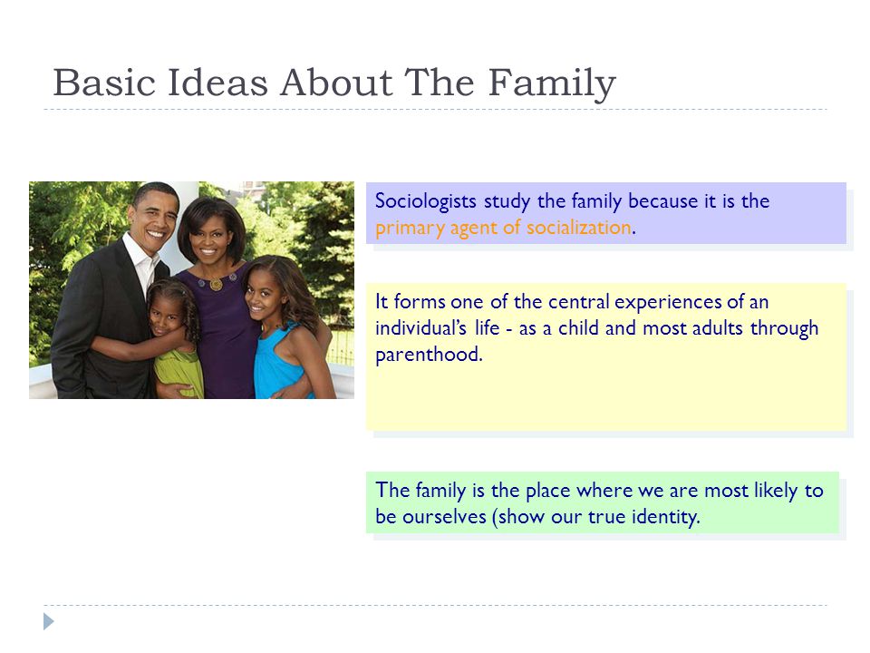 Basic Ideas About The Family Sociologists study the family because it is the primary agent of socialization.