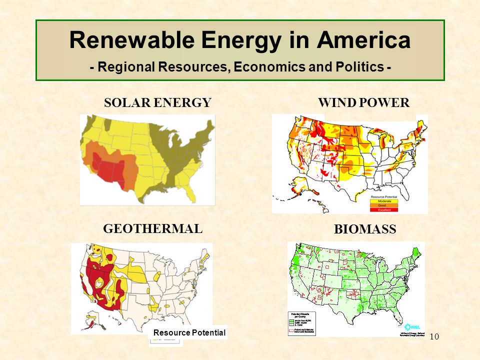 10 Renewable Energy in America - Regional Resources, Economics and Politics - Resource Potential SOLAR ENERGY WIND POWER GEOTHERMAL BIOMASS