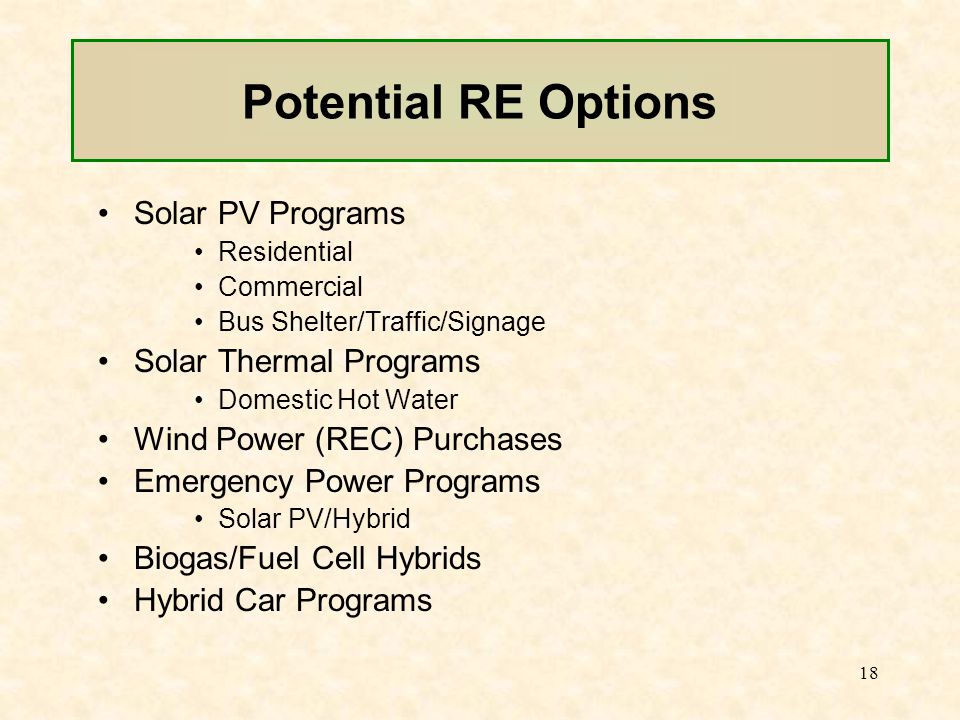 18 Potential RE Options Solar PV Programs Residential Commercial Bus Shelter/Traffic/Signage Solar Thermal Programs Domestic Hot Water Wind Power (REC) Purchases Emergency Power Programs Solar PV/Hybrid Biogas/Fuel Cell Hybrids Hybrid Car Programs