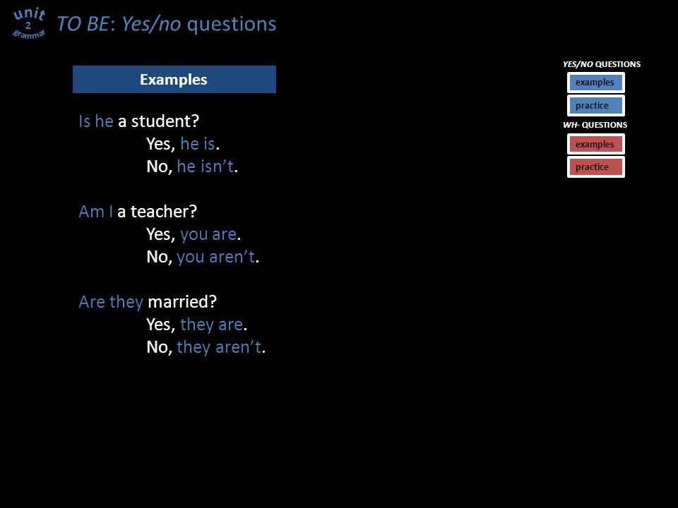 TO BE: Yes/no questions Is he a student. Yes, he is.