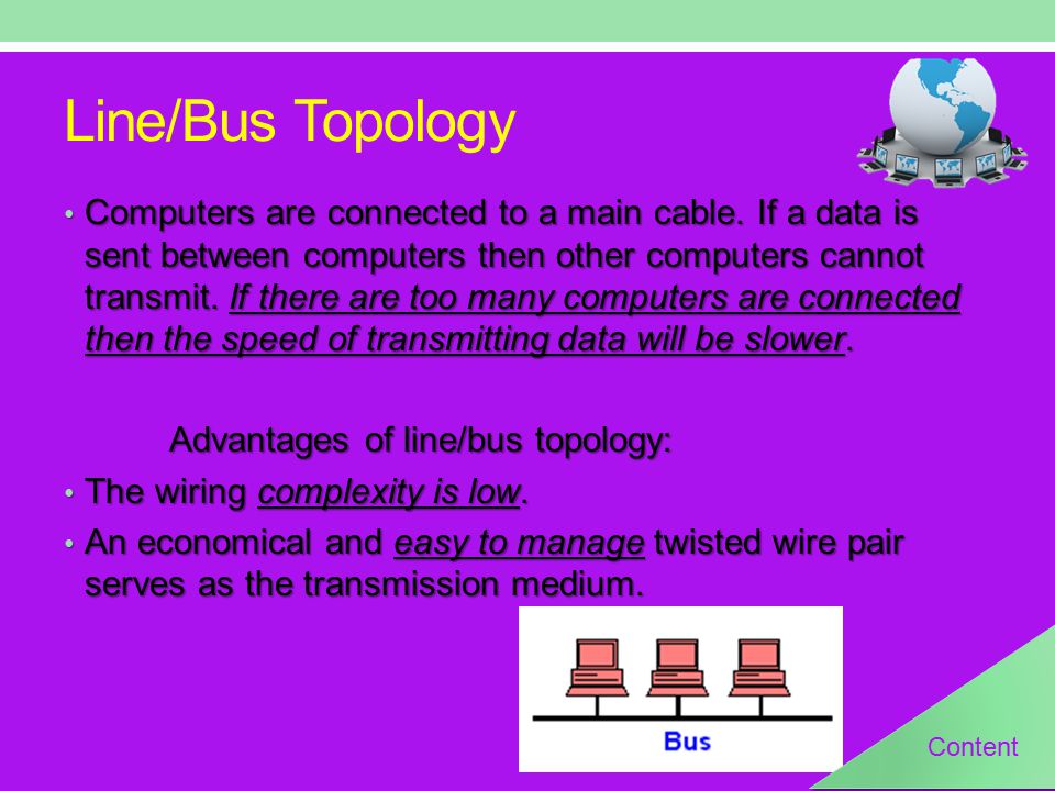 Line/Bus Topology Computers are connected to a main cable.