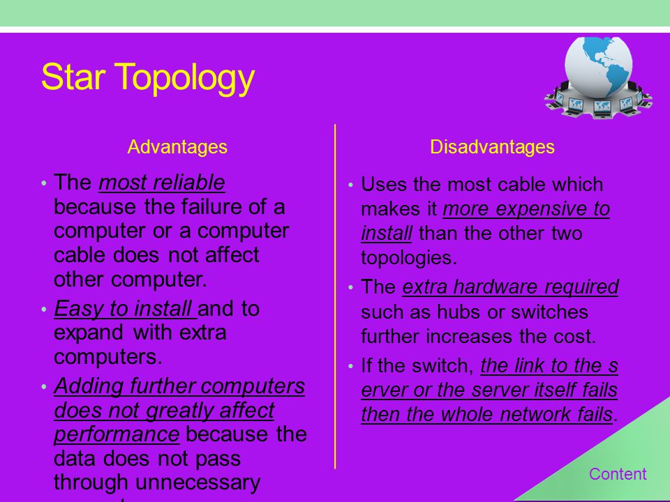 Star Topology Advantages The most reliable because the failure of a computer or a computer cable does not affect other computer.