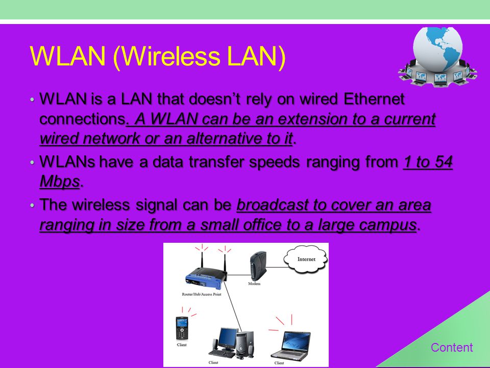 WLAN (Wireless LAN) WLAN is a LAN that doesn’t rely on wired Ethernet connections.