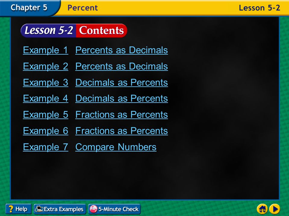 Lesson 2 Contents Example 1Percents as Decimals Example 2Percents as Decimals Example 3Decimals as Percents Example 4Decimals as Percents Example 5Fractions as Percents Example 6Fractions as Percents Example 7Compare Numbers