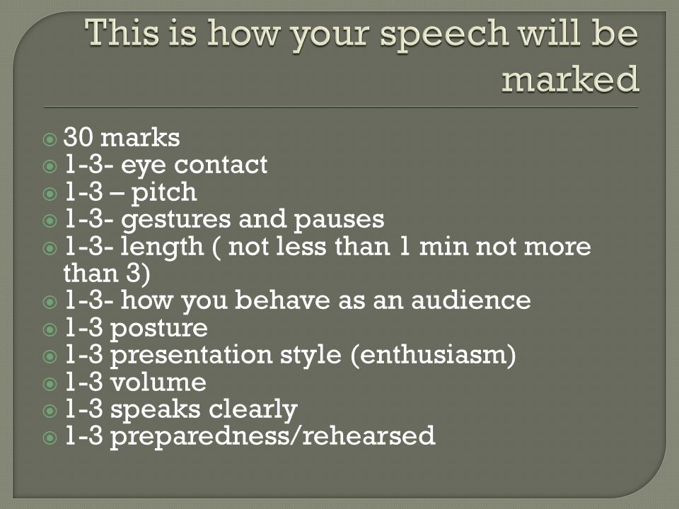  30 marks  1-3- eye contact  1-3 – pitch  1-3- gestures and pauses  1-3- length ( not less than 1 min not more than 3)  1-3- how you behave as an audience  1-3 posture  1-3 presentation style (enthusiasm)  1-3 volume  1-3 speaks clearly  1-3 preparedness/rehearsed