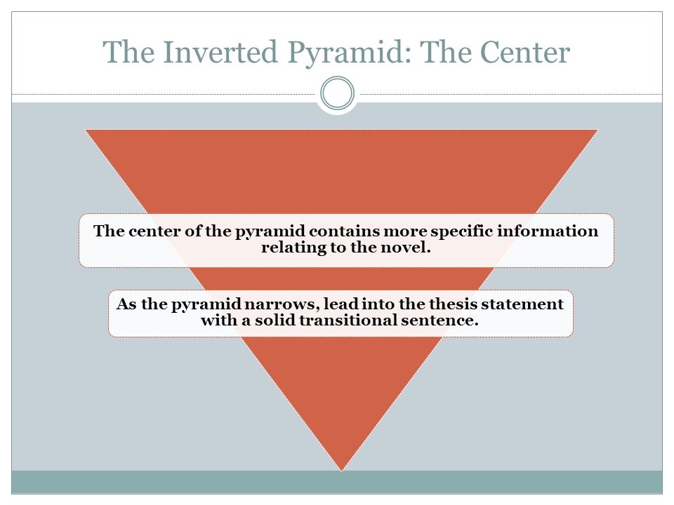 The Inverted Pyramid: The Center The center of the pyramid contains more specific information relating to the novel.