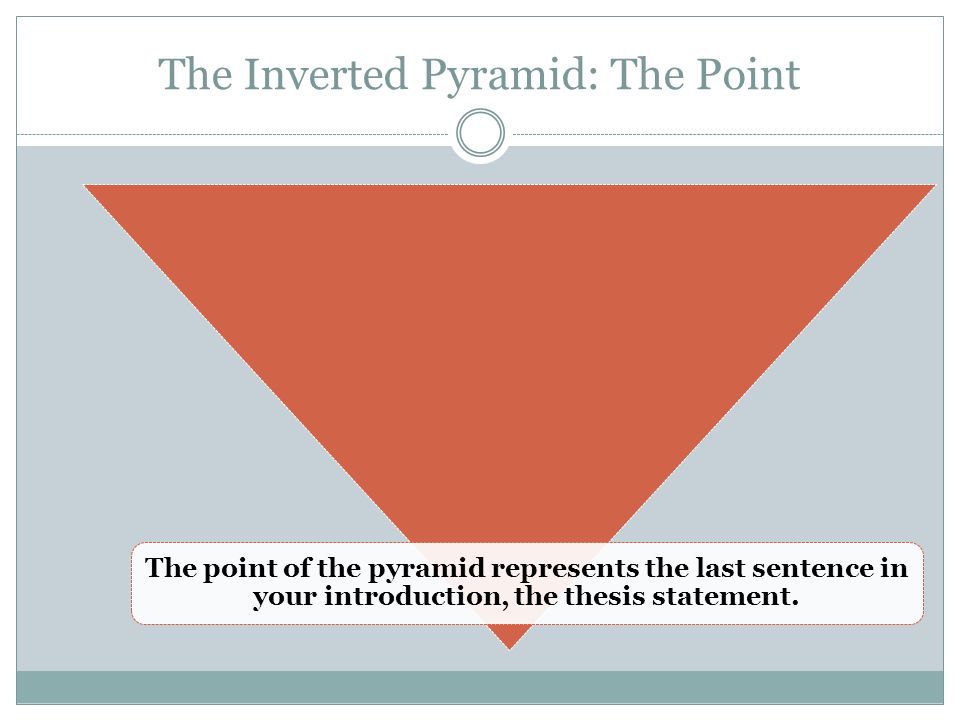 The Inverted Pyramid: The Point The point of the pyramid represents the last sentence in your introduction, the thesis statement.