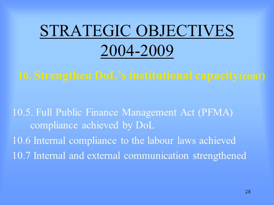 28 STRATEGIC OBJECTIVES Strengthen DoL’s institutional capacity (cont)