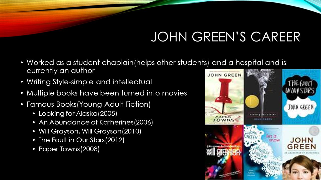 JOHN GREEN’S CAREER Worked as a student chaplain(helps other students) and a hospital and is currently an author Writing Style-simple and intellectual Multiple books have been turned into movies Famous Books(Young Adult Fiction) Looking for Alaska(2005) An Abundance of Katherines(2006) Will Grayson, Will Grayson(2010) The Fault in Our Stars(2012) Paper Towns(2008)