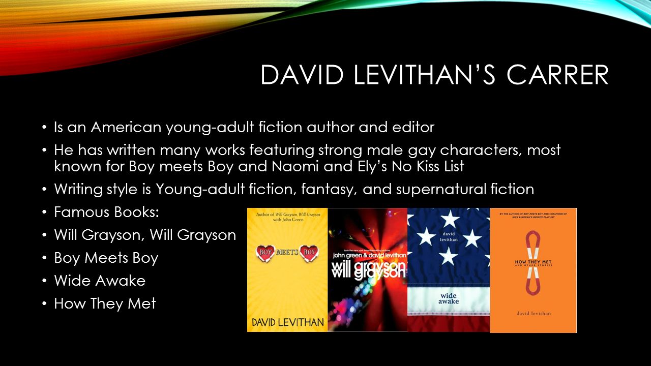 DAVID LEVITHAN’S CARRER Is an American young-adult fiction author and editor He has written many works featuring strong male gay characters, most known for Boy meets Boy and Naomi and Ely’s No Kiss List Writing style is Young-adult fiction, fantasy, and supernatural fiction Famous Books: Will Grayson, Will Grayson Boy Meets Boy Wide Awake How They Met