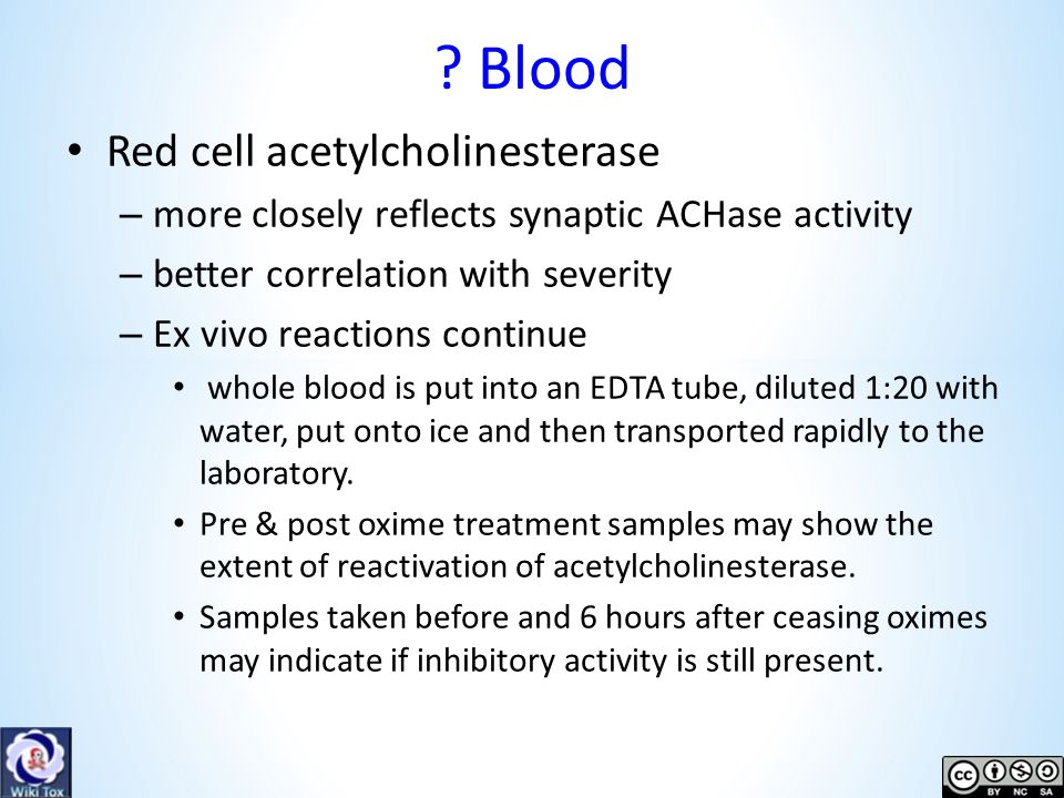 Blood Red cell acetylcholinesterase – more closely reflects synaptic ACHase activity – better correlation with severity – Ex vivo reactions continue whole blood is put into an EDTA tube, diluted 1:20 with water, put onto ice and then transported rapidly to the laboratory.