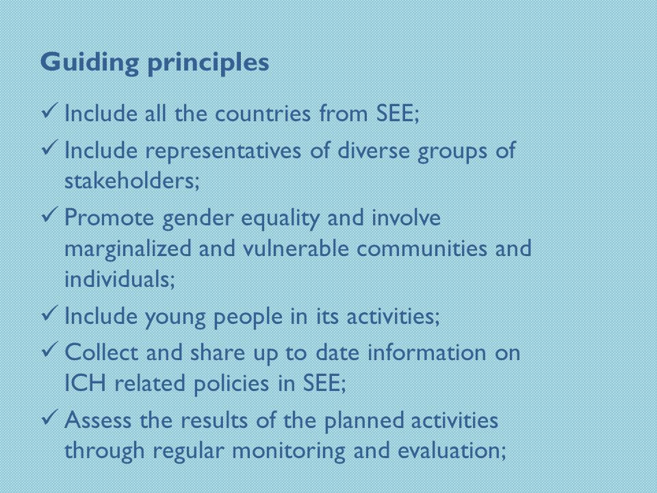 Guiding principles Include all the countries from SEE; Include representatives of diverse groups of stakeholders; Promote gender equality and involve marginalized and vulnerable communities and individuals; Include young people in its activities; Collect and share up to date information on ICH related policies in SEE; Assess the results of the planned activities through regular monitoring and evaluation;
