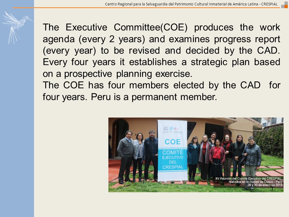 Centro Regional para la Salvaguardia del Patrimonio Cultural Inmaterial de América Latina - CRESPIAL The Executive Committee(COE) produces the work agenda (every 2 years) and examines progress report (every year) to be revised and decided by the CAD.