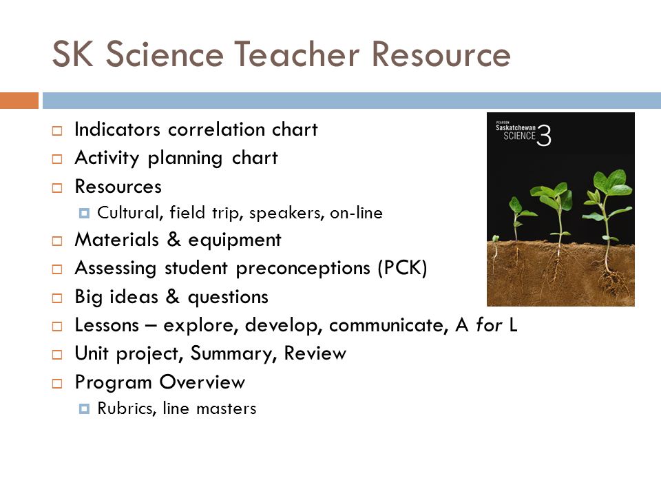 SK Science Teacher Resource  Indicators correlation chart  Activity planning chart  Resources  Cultural, field trip, speakers, on-line  Materials & equipment  Assessing student preconceptions (PCK)  Big ideas & questions  Lessons – explore, develop, communicate, A for L  Unit project, Summary, Review  Program Overview  Rubrics, line masters