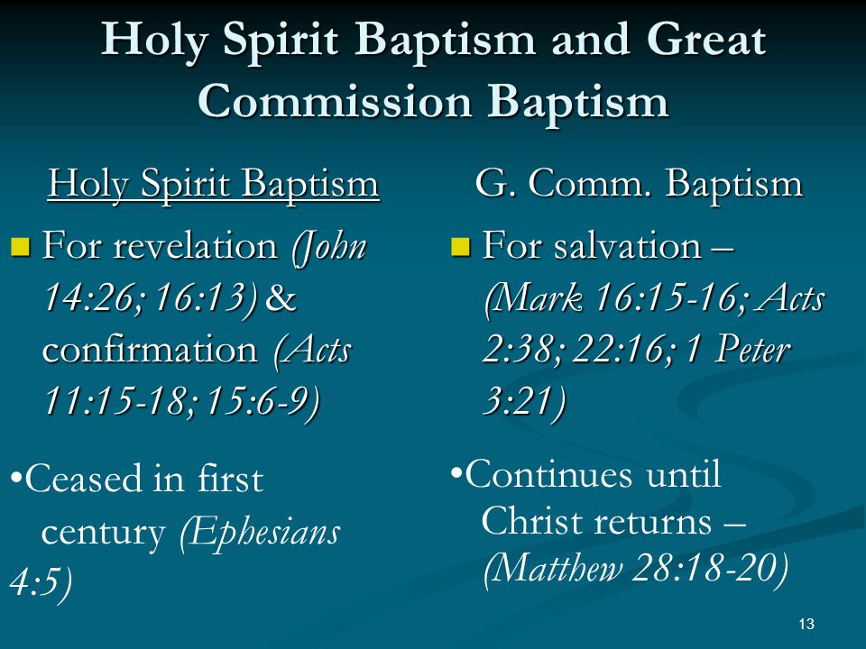 Holy Spirit Baptism and Great Commission Baptism Holy Spirit Baptism For revelation (John 14:26; 16:13) & confirmation (Acts 11:15-18; 15:6-9) For revelation (John 14:26; 16:13) & confirmation (Acts 11:15-18; 15:6-9) G.
