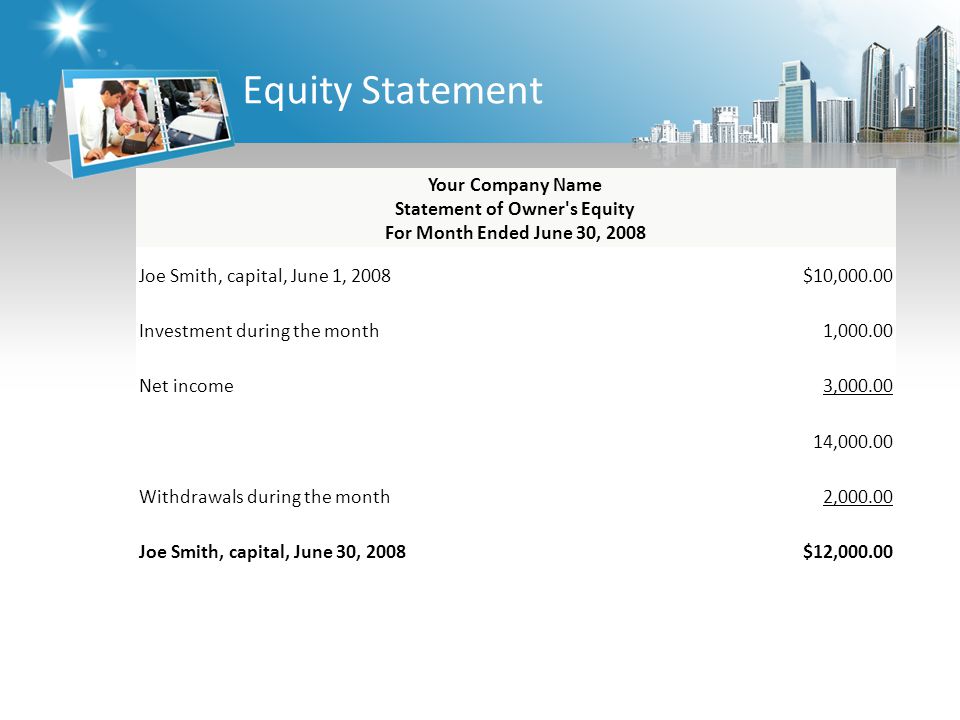 Equity Statement Your Company Name Statement of Owner s Equity For Month Ended June 30, 2008 Joe Smith, capital, June 1, 2008$10, Investment during the month1, Net income3, , Withdrawals during the month 2, Joe Smith, capital, June 30, 2008$12,000.00