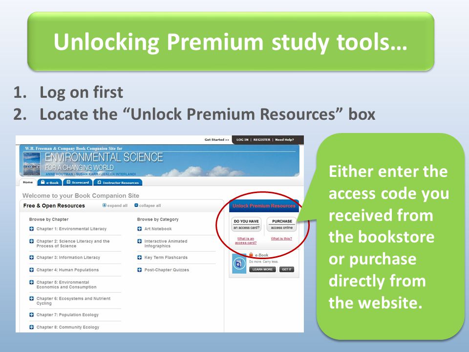 1.Log on first 2.Locate the Unlock Premium Resources box Unlocking Premium study tools… Either enter the access code you received from the bookstore or purchase directly from the website.