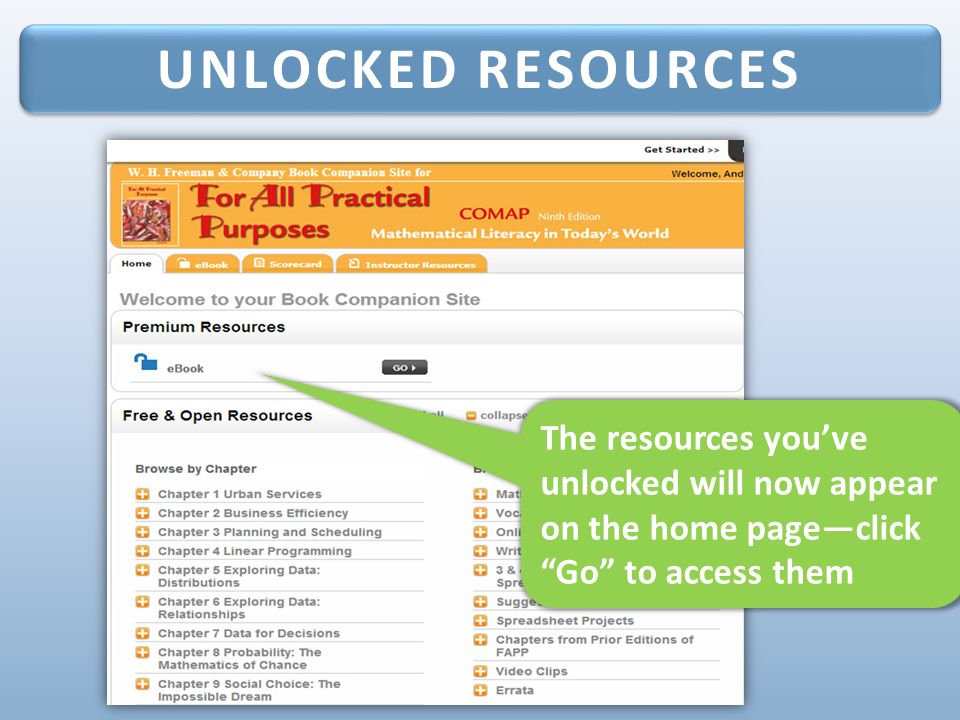 The resources you’ve unlocked will now appear on the home page—click Go to access them UNLOCKED RESOURCES