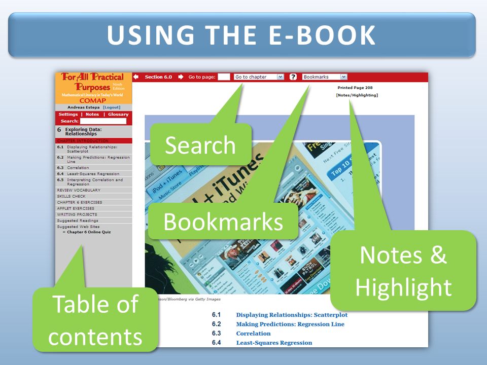 USING THE E-BOOK Table of contents Search Bookmarks Notes & Highlight