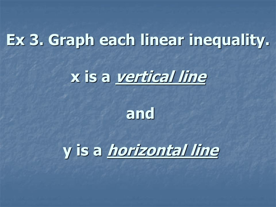 Ex 3. Graph each linear inequality. x is a vertical line and y is a horizontal line
