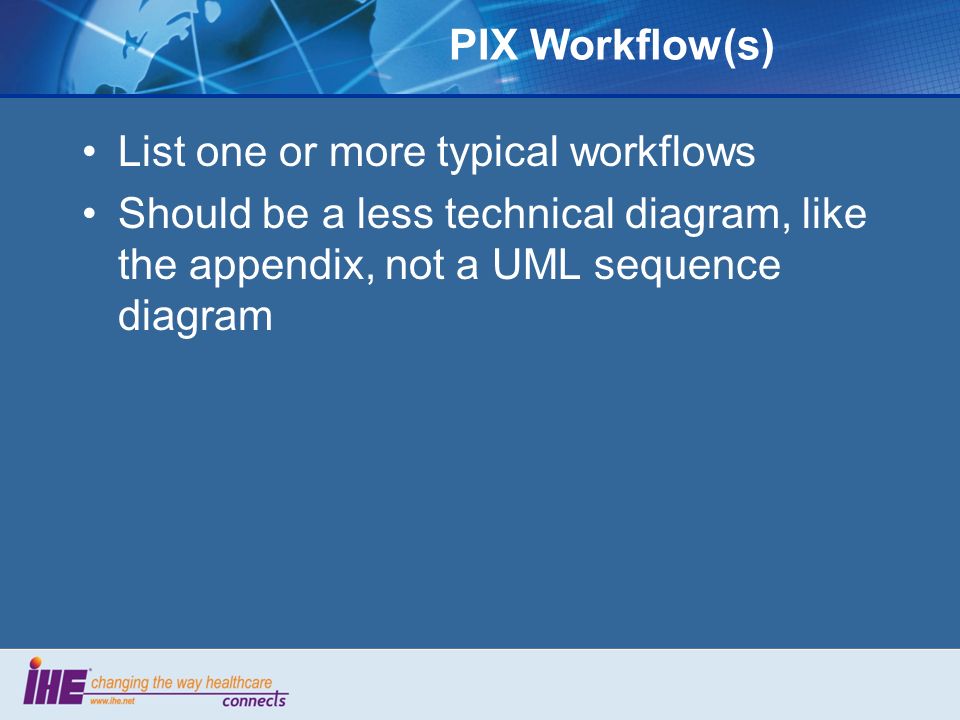 PIX Workflow(s) List one or more typical workflows Should be a less technical diagram, like the appendix, not a UML sequence diagram
