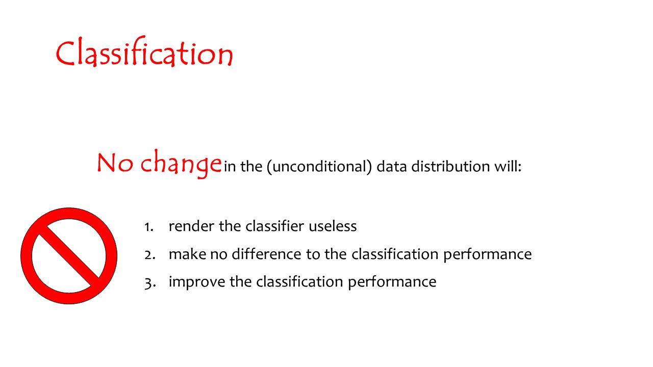 A change in the (unconditional) data distribution will: 1.render the classifier useless 2.make no difference to the classification performance 3.improve the classification performance Vote, please!