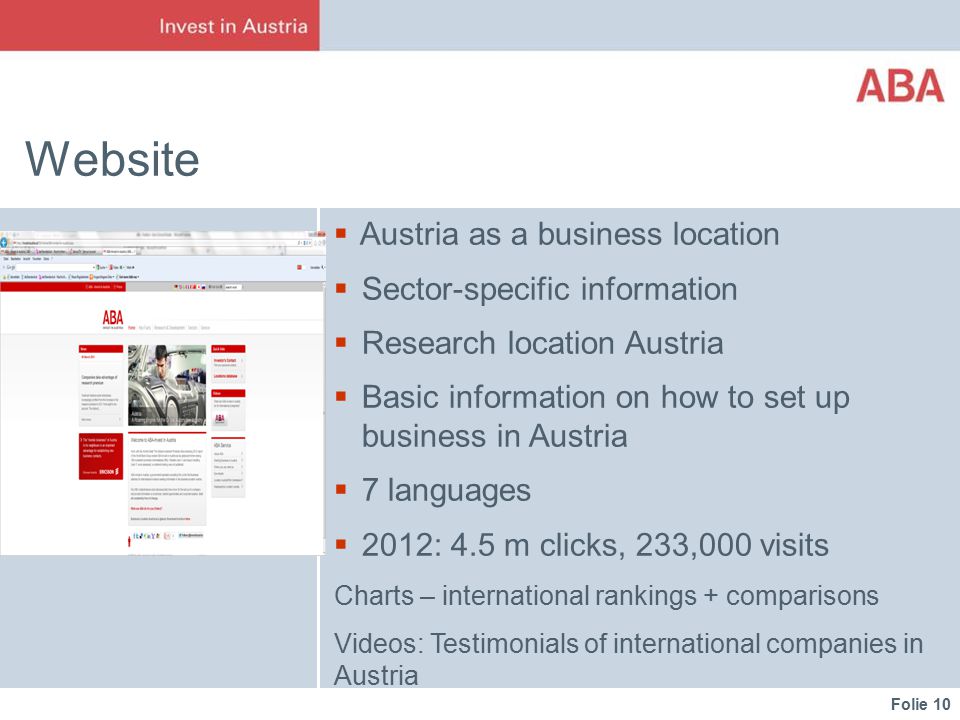 Folie 10 Website  Austria as a business location  Sector-specific information  Research location Austria  Basic information on how to set up business in Austria  7 languages  2012: 4.5 m clicks, 233,000 visits Charts – international rankings + comparisons Videos: Testimonials of international companies in Austria