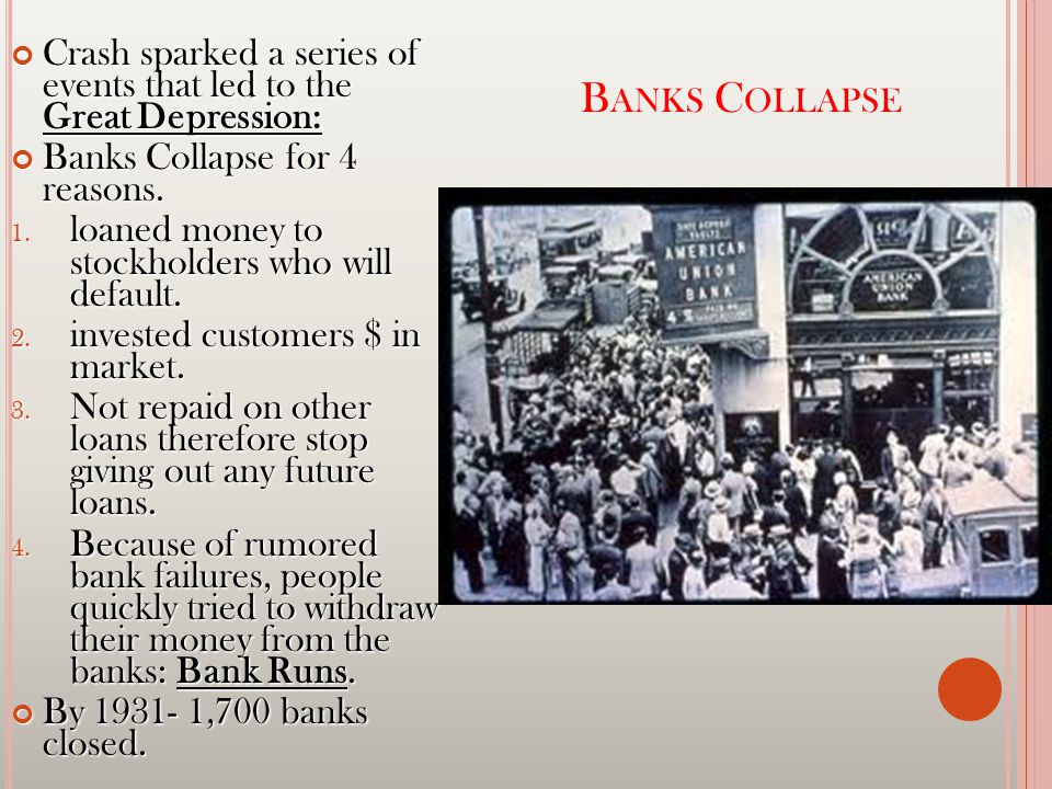 B ANKS C OLLAPSE Crash sparked a series of events that led to the Great Depression: Banks Collapse for 4 reasons.