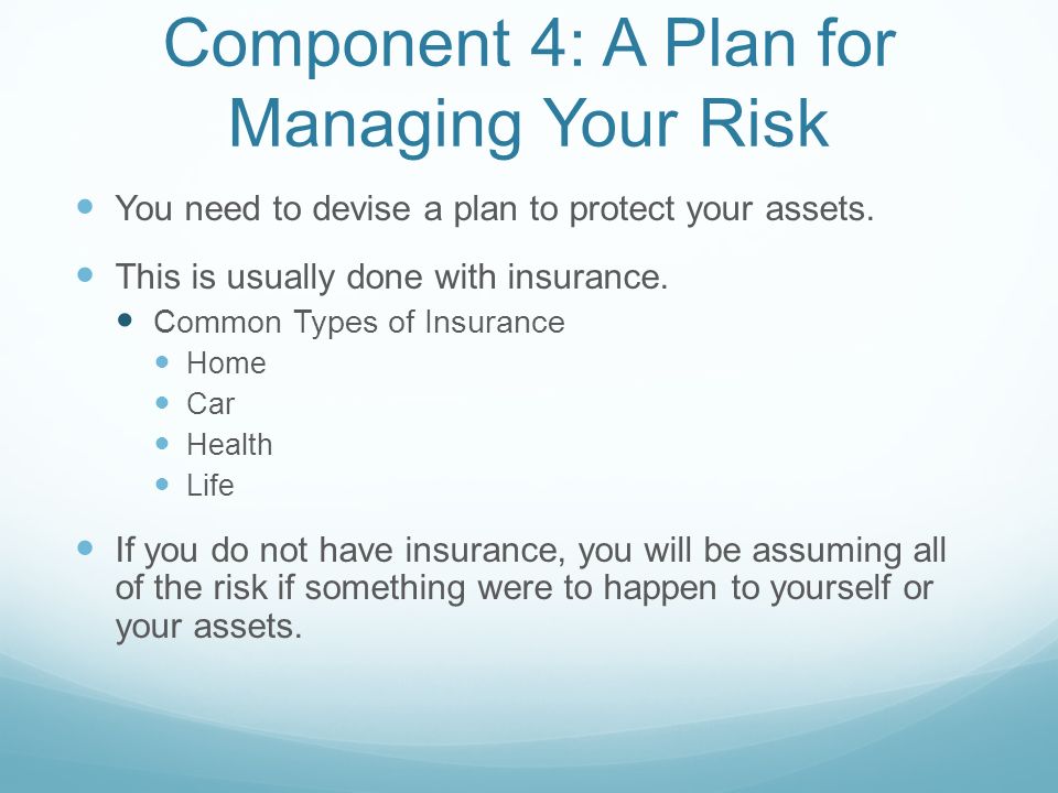Component 4: A Plan for Managing Your Risk You need to devise a plan to protect your assets.