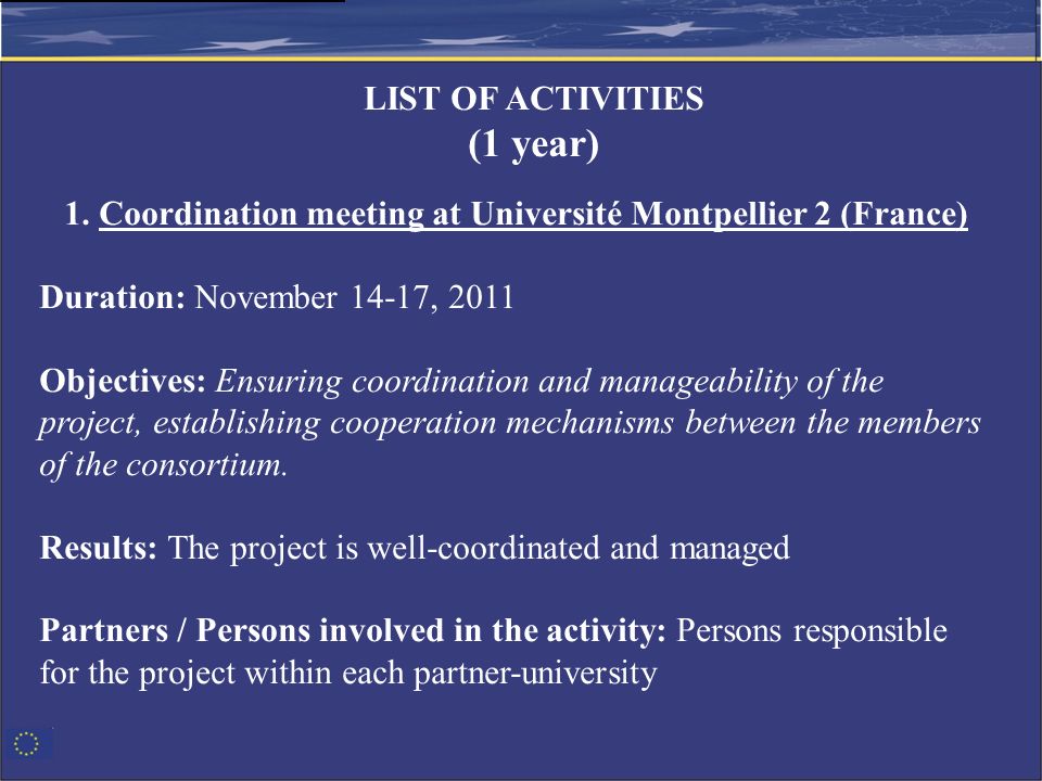 LIST OF ACTIVITIES (1 year) 1.