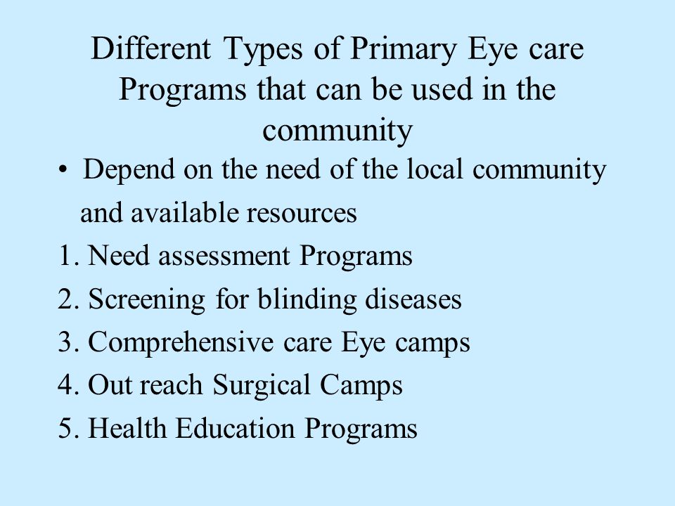 Different Types of Primary Eye care Programs that can be used in the community Depend on the need of the local community and available resources 1.