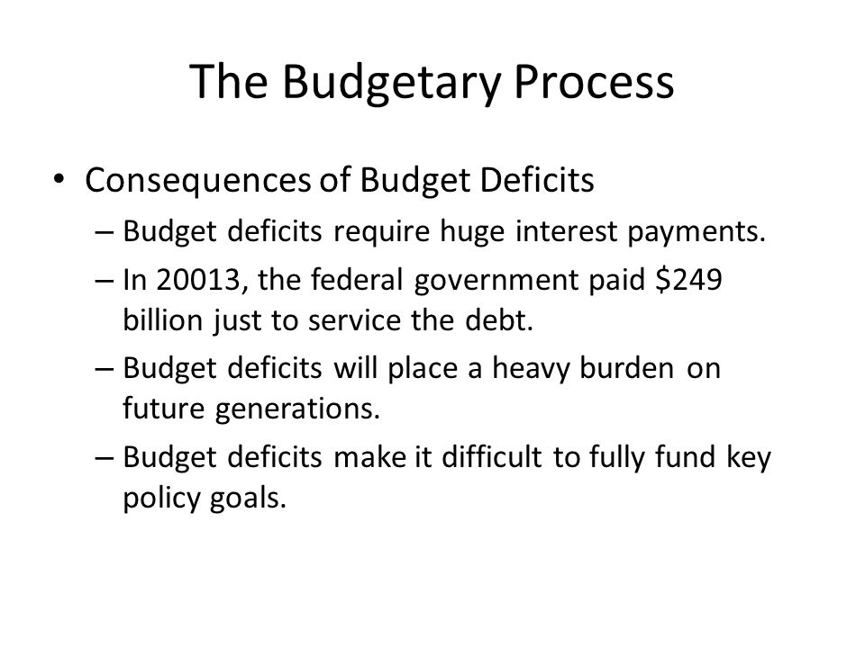 The Budgetary Process Consequences of Budget Deficits – Budget deficits require huge interest payments.